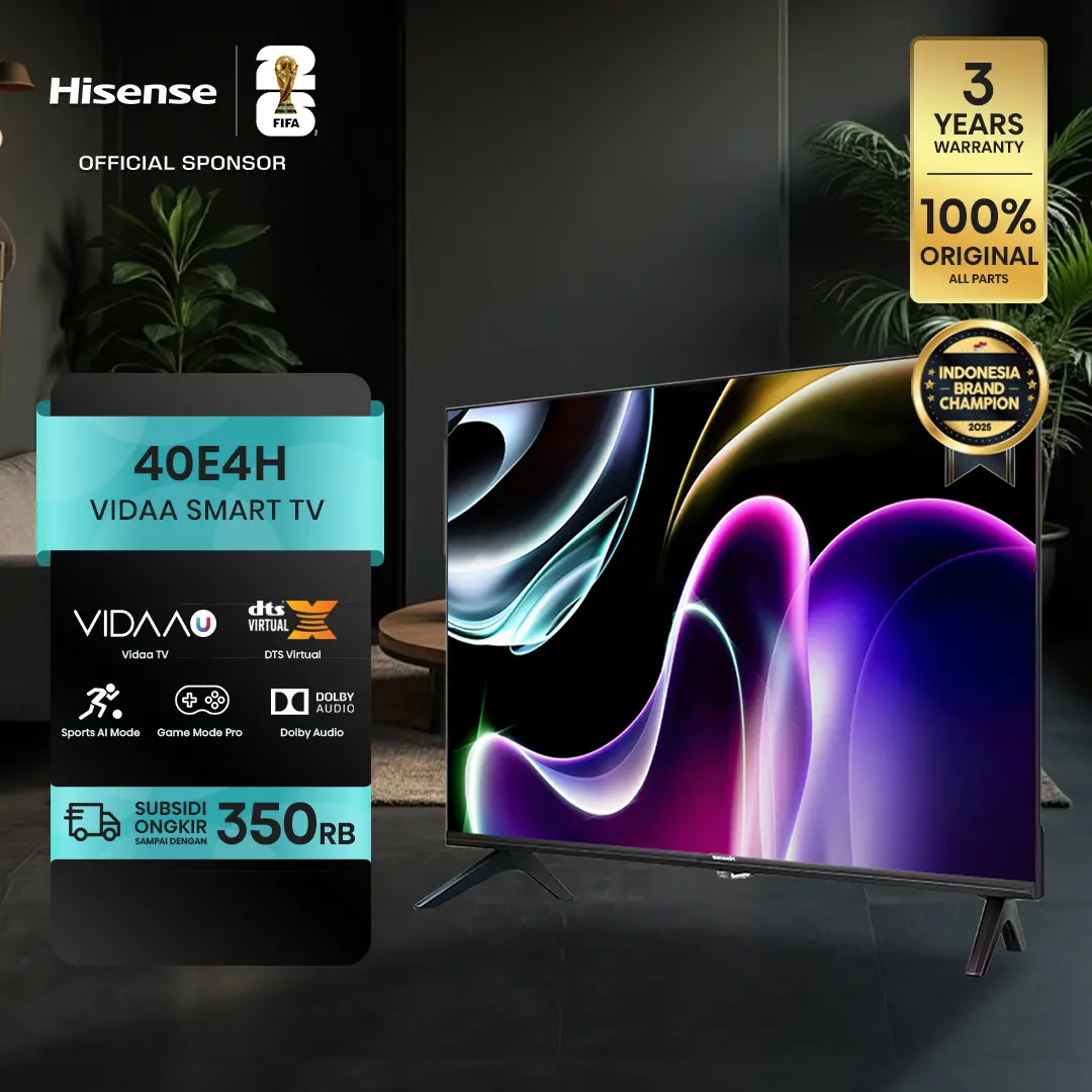 HISENSE Vidaa Smart Digital TV-40E4H-40inch-Desain Bazelles-DTS V-X&Dolby Audio -Youtube/Netflix/Prime-Dual Band WIFI/HDMI/USB-Remote Standar-Easy Casting-Noise Reduction-Ram 1GB- ROM 4GB tv led