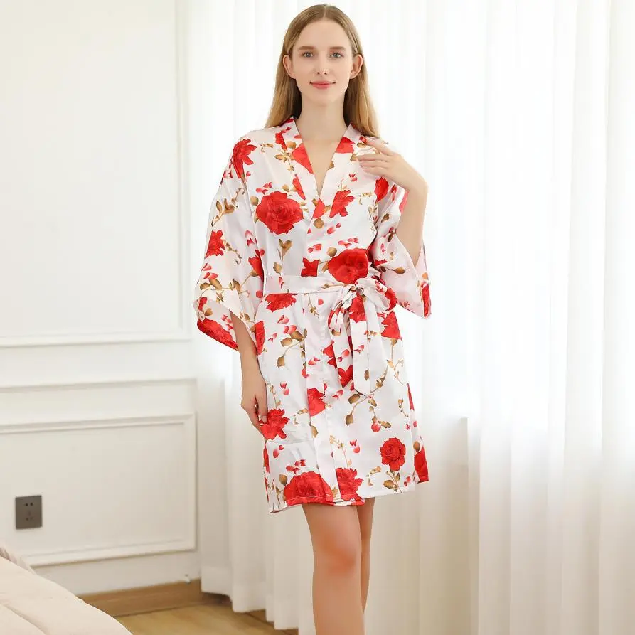 Spring and Summer Flower Patterned Faux Silk Pajamas Women's Homewear Bathrobe Cardigan Sleeping Skirt