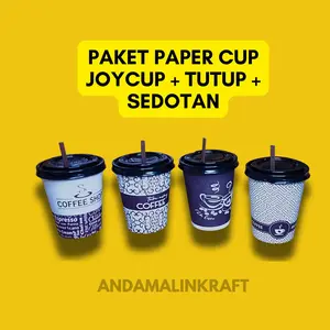 Paper cup 8 oz Joycup + Tutup dan sedotan 50 pcs