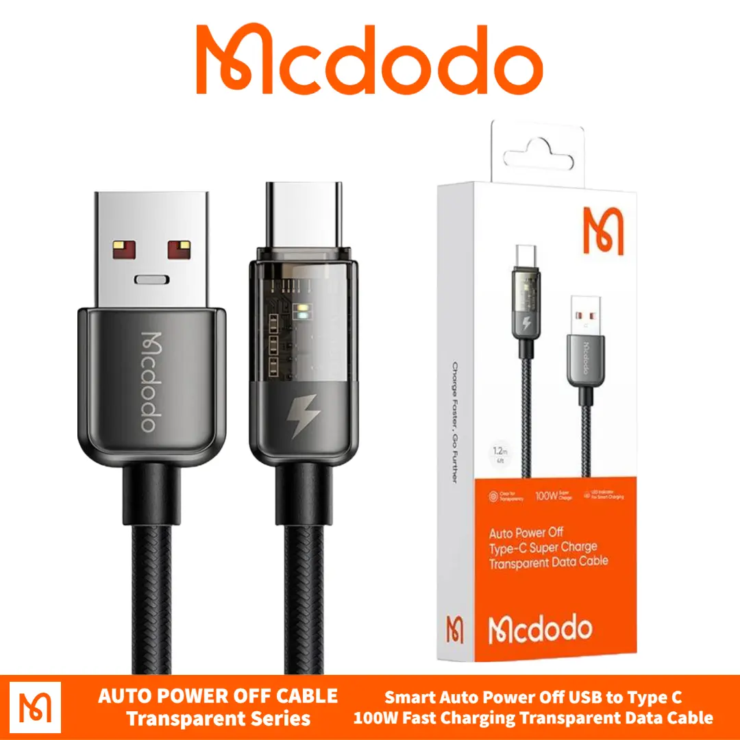 【1yr Warranty】MCDODO BORONG Auto Disconnect Auto Cut Off Transparent Series 36W 3A Fast Charging Cable with LED Light Function , Bending Protection Charge Display, Phone Accessories