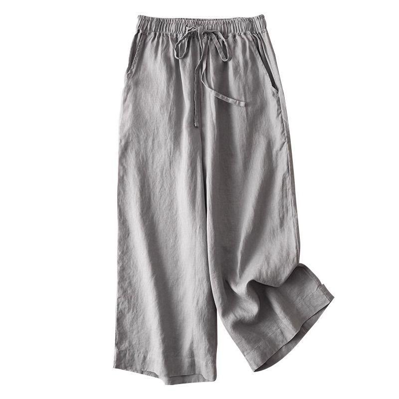 Quần nữ cotton và lanh quần cắt mỏng thoáng khí mới mùa hè quần ống đứng dáng rộng cạp cao thường ngày ống rộng xếp nếp 2