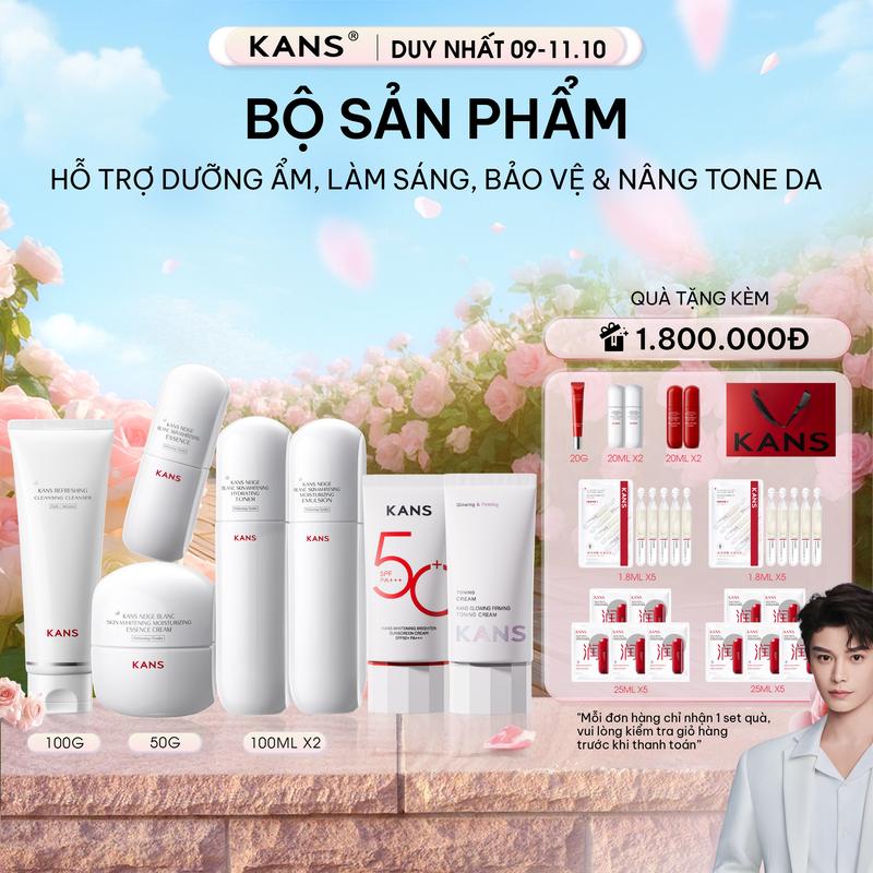 Combo Set Sản Phẩm Hỗ Trợ Dưỡng Ẩm Hỗ Trợ Dưỡng Sáng Da KANS Neige Blanc Skin-whitening Hydrating & Kem chống nắng dưỡng sáng da SPF 50+ PA+++ KANS Whitening Brighten Sunscreen Cream 50ml & Kem Nâng Tông