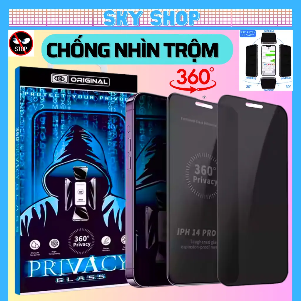 Kính cường lực iphone chống nhìn trộm 360 độ từ mọi góc cho ip 17 ProMax 16 ProMax 16 Plus 15 14 13 12 11 Pro Max Xs Xr XsMax