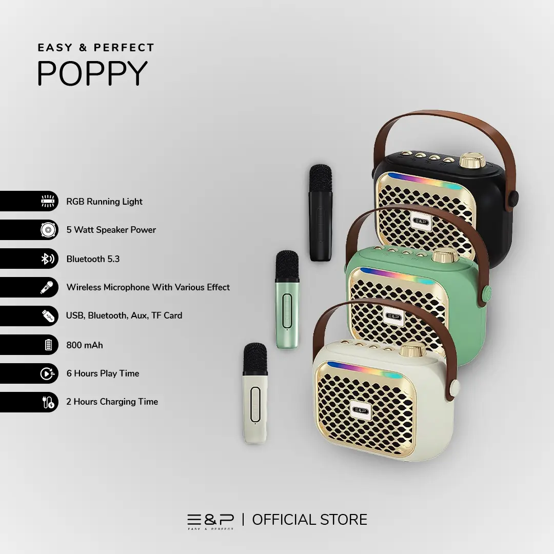 Easy & Perfect POPPY | Bluetooth Speaker Portable with RGB Running Light | Wireless Microphone with Adjustable Effects | 5 Watt Speaker Power with 6 Hours Play Time