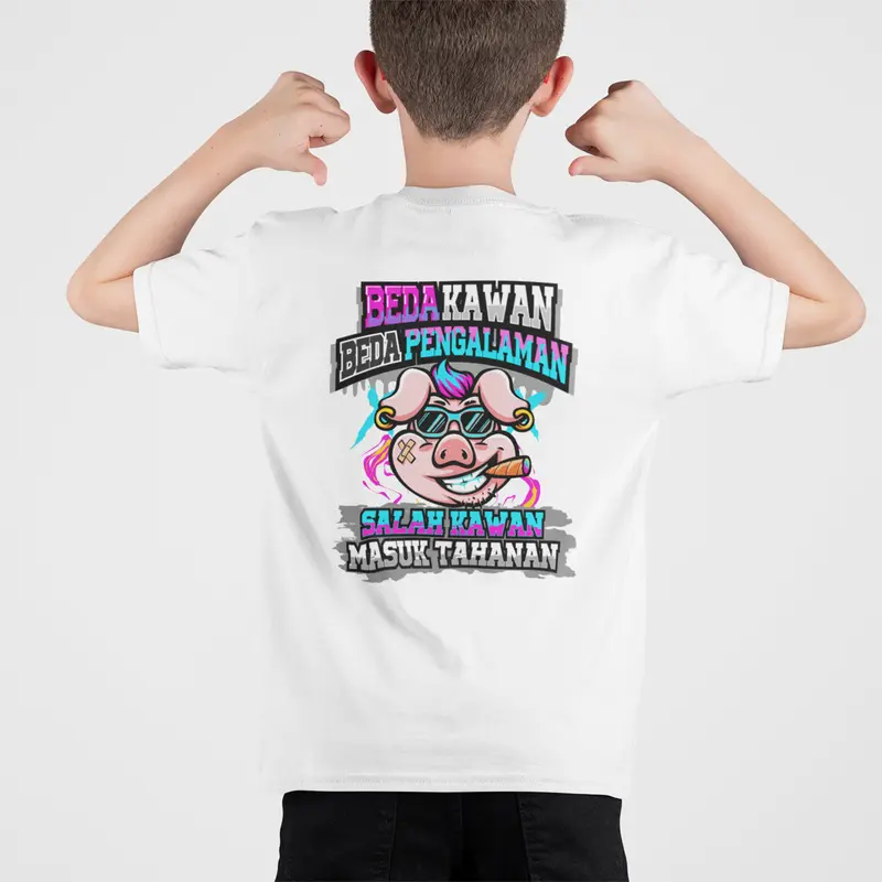 Ajoe kids kaos anak anak umur 4-10 tahun sablon depan belakang motif kata kata BEDA KAWAN BEDA PENGLAMAN 3
