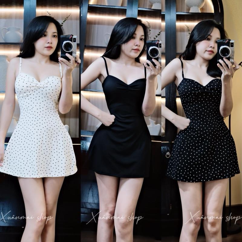 Đầm DÂY BI DÁNG A NGẮN sẵn mút thun tăm lạnh co giãn chiết eo Xuân Mai Shop