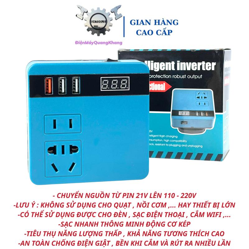  Bộ chuyển đổi nguồn pin 18V-21V lên điện 220V  sử dụng cho pin chân phổ thông Makita 4cm dòng điện 200W  lưu ý không sử dụng được cho quạt hay thiết bị lớn ,... 