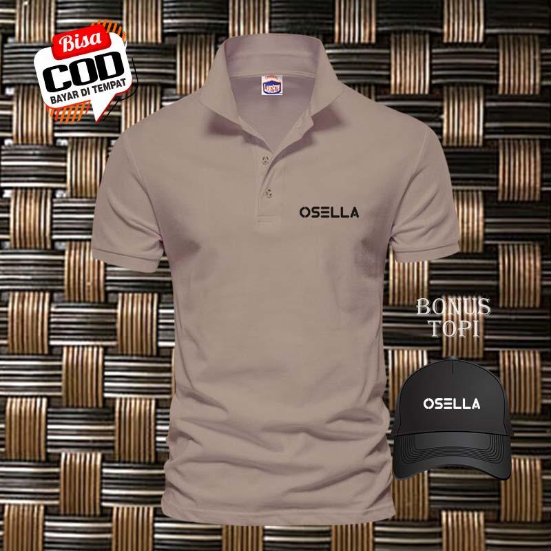 POLO SHIRT PRIA baju kaos kerah / kaos berkerah Osella Text Kiri Hitam Bonus Topi / Kaos Polo Atasan Tshirt Pria Kerah Wangki 1