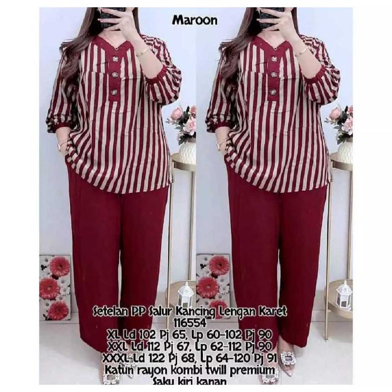 Setelan Motif Salur Jumbo LD 110 120 130CM XL XXL XXXL Bahan Katun Rayon Twill 116554 - Set Salur wanita - Lengan Panjang Karet - Celana 1