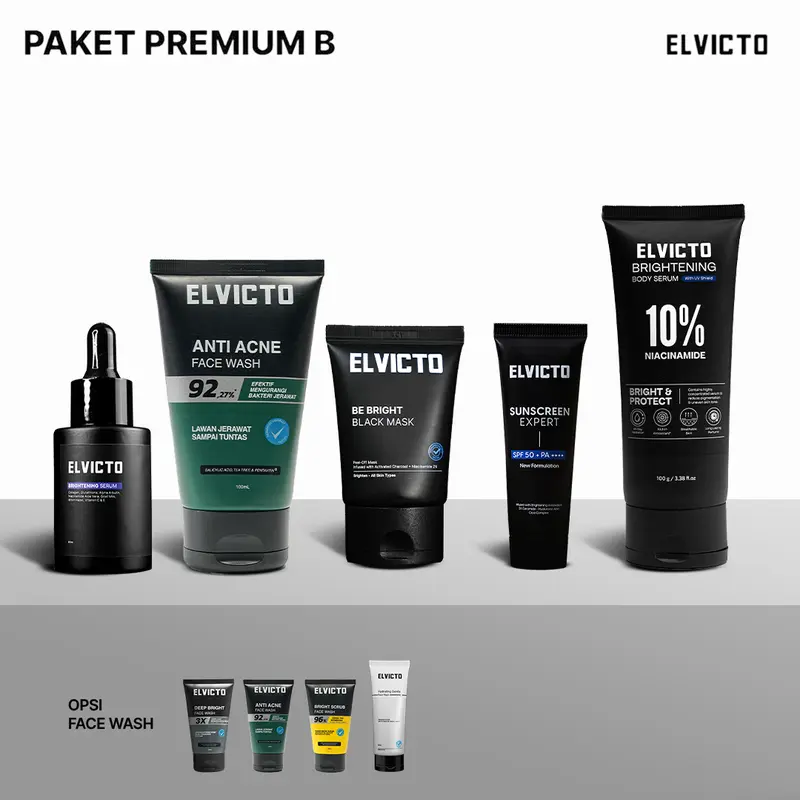ELVICTO PAKET PREMIUM B | BRIGHTENING SERUM, FACE WASH, BLACK MASK, SUNSCREEN, BODY SERUM | Paket Lengkap Perawatan Pria 1