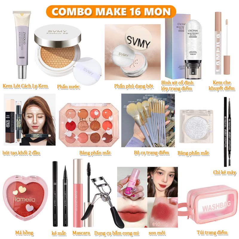  Bộ Trang Điểm SVMY 16 Món Bảng Phấn Phủ Phấn Phủ Kem Che Khuyết Điểm Bảng Bắt Sáng Bảng Phấn Mắt Bút Kẻ Lông Mày Son Môi Kẻ Mắt Lông Mi Kẹp Mi Túi Trang Điểm Đi Kèm 
