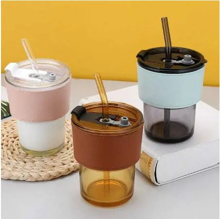 Botol Minum Kaca Bening Aesthetic Bottle Tumbler 400 ml pakai box Gelas Coffee Cup Botol Anti Slip Tumpah pakai box 2