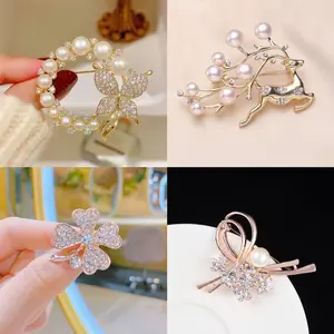 Bros Hijab Premium Geometri Terlaris Model Pita Warna Gold Silver dengan Mutiara Bros Cantik Wanita Korean Style Bros Mutiara Brooch BZO