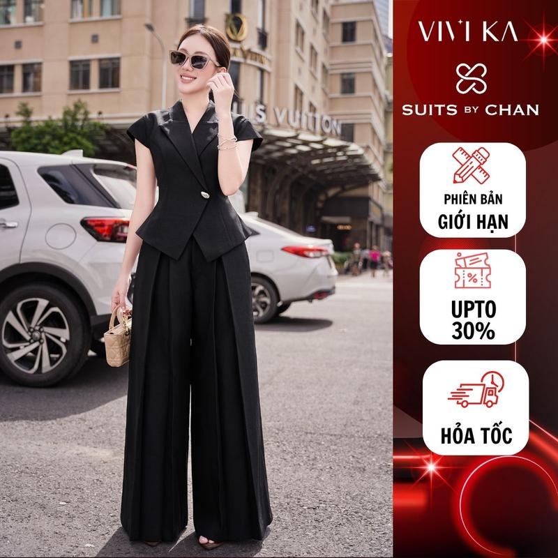  Set đồ nữ thiết kế Nerina SUITS BY CHAN combo áo kiểu cổ vest phối nơ quần dài ống rộng xếp ly trẻ trung công sở thanh lịch sang trọng đilafm cho nữ 