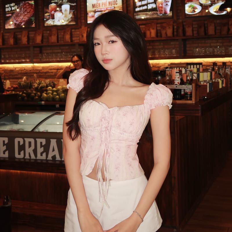 Áo Babydoll Trễ Hở Vai Hoa (Có Đệm V1) Xẻ Trước Phối Dây Nơ Chun Lưng Phong Cách Công Chúa Kimee - KA639