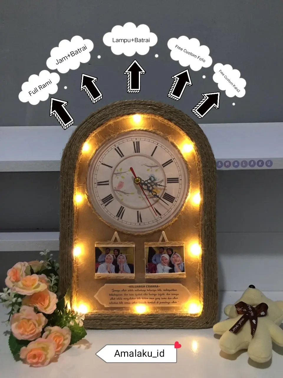 Jam custom analog/jam custom foto/jam lucu/jam unik/hiasan dinding amalaku id Lampu
