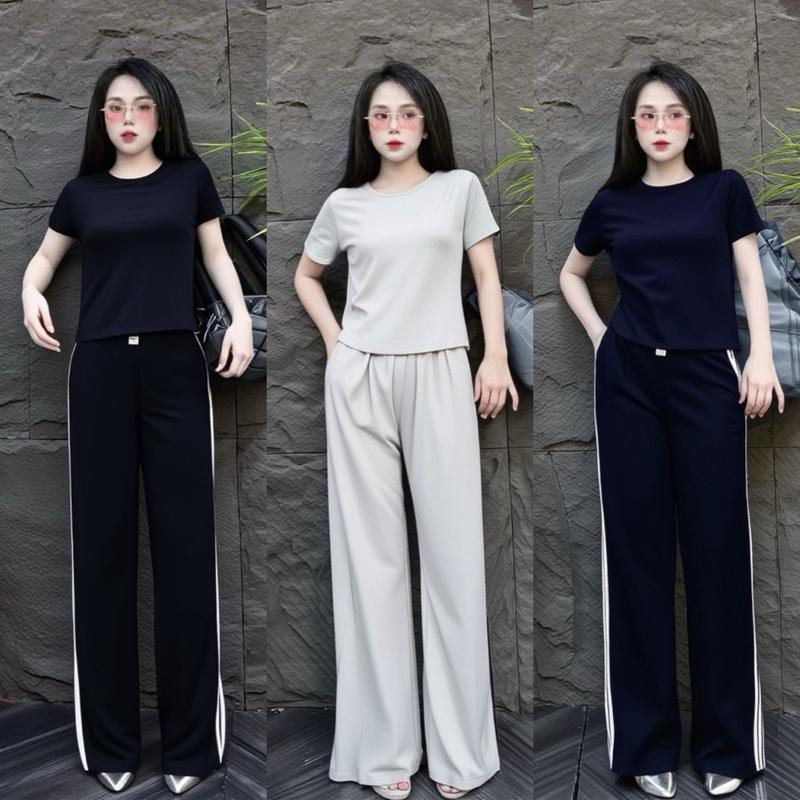SÉT BỘ NỮ THUN TĂM LẠNH, THIẾT KẾ ÁO TAY NGẮN CỔ TRÒN MIX QUẦN DÀI ỐNG RỘNG PHỐI VIỀN SANG CHẢNH [ Top Bộ Hot 2025 ]
