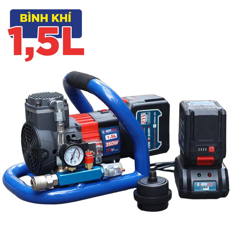 Máy Nén Khí Mini Boshun - BS-NK15BL - Bình Hơi 1,5L - Áp 8 Bar - Động Cơ Không Chổi Than - Chân Pin Phổ Thông 15 Cell 21v/6Ah - Bảo Hành Chính Hãng 6 Tháng