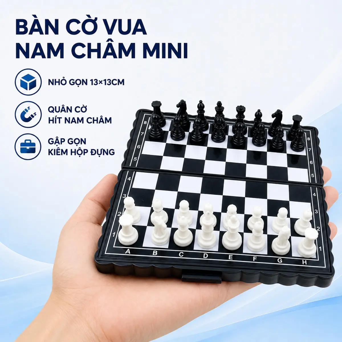 Bộ Cờ Vua Nam Châm Mini 13x13cm Trắng Đen, Bàn Cờ Gấp Gọn Kiêm Hộp Đựng 32 Quân Tiện Mang Theo