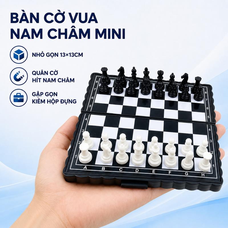 Bộ Cờ Vua Nam Châm Mini 13x13cm Trắng Đen, Bàn Cờ Gấp Gọn Kiêm Hộp Đựng 32 Quân…