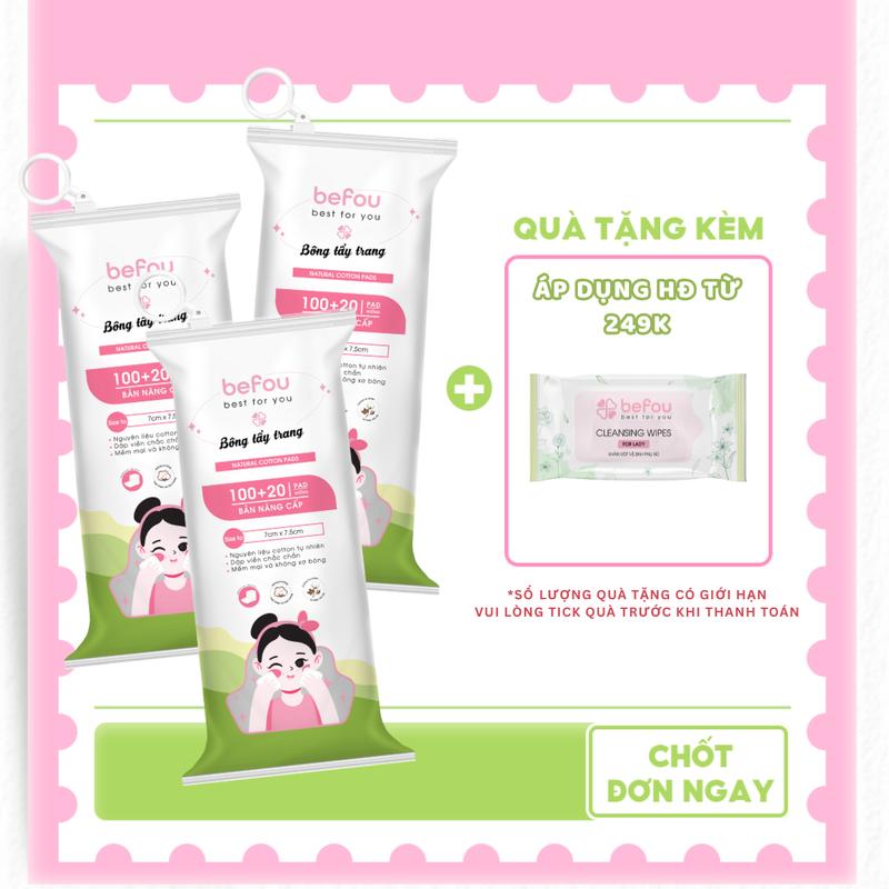   COMBO 3  Bông Tẩy Trang Cotton Befou Vuông Size To 120 Miếng 