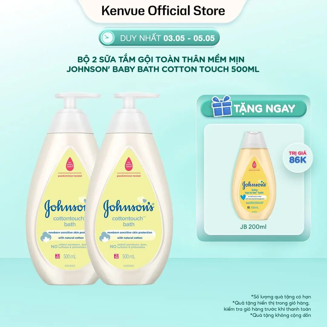 MUA 1 TẶNG 1 - Combo 2 Sữa tắm gội toàn thân mềm mịn Johnson's Baby Bath Cotton Touch 500ml x 2 | Cho Bé
