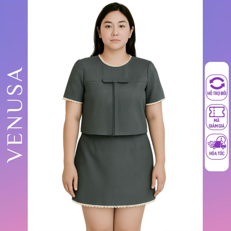 Set đồ nữ BIGSIZE áo xám đính nơ trước viền ren mix chân váy  Top Women  Venusa Store
