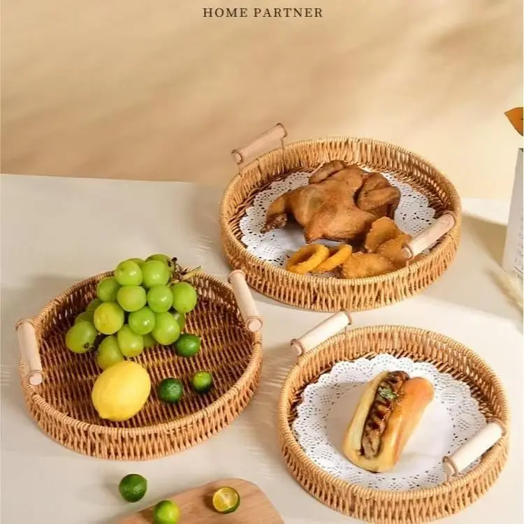 Snack display tray, snacks, refreshments, fruit tray, cake, rattan tray, home living room, bread, fruit basket, dry fruit tray Organiser