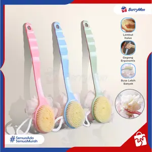 Sikat Gosok Punggung Mandi 2 In 1 Shower Puff Penggosok Scrub Badan Bulu Spons Busa Halus Lembut Gagang Panjang Plastik