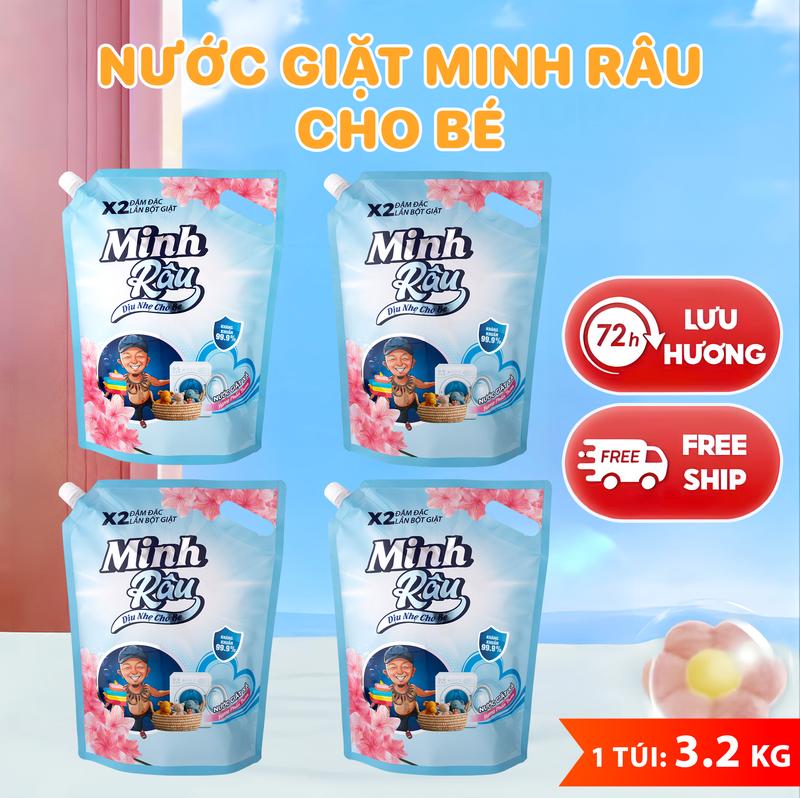 HÀNG CAO CẤP Combo 4 Túi Nước Giặt Xả hương Phấn Thơm cho Bé hàng cao cấp Nước giặt xả Minh Râu 3.2kg 1 túi Lưu Hương Thơm Lâu trên từng sợi vải dịu nhẹ an toàn cho da nhạy cảm của bé và làm sạch với em zym sinh học Làm Bền Màu Quần ÁO T6
