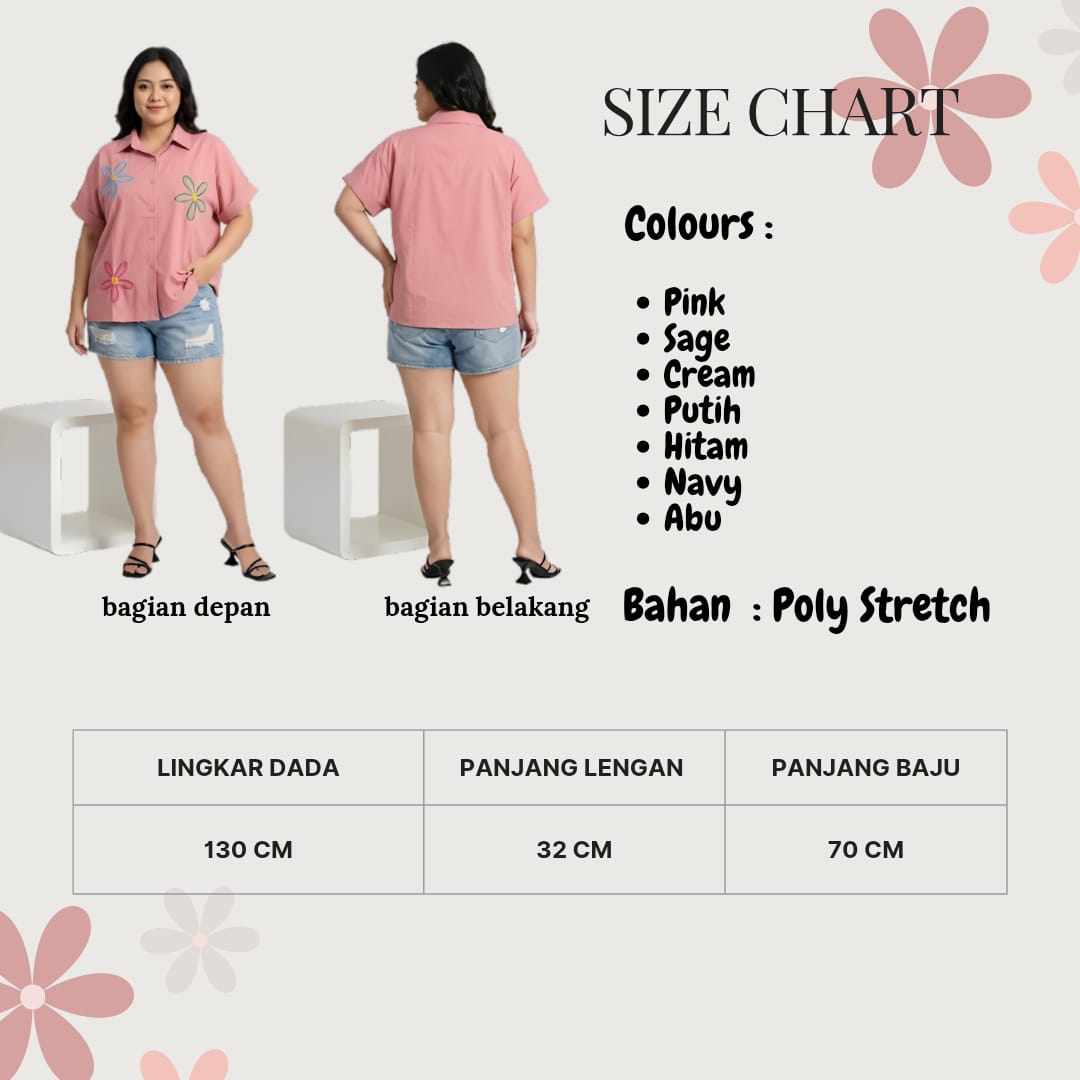 Gafesa - Lily Atasan Kemeja Polos Wanita Bordir Motif Bunga Oversize / Atasan Wanita Bigsize Lengan Pendek