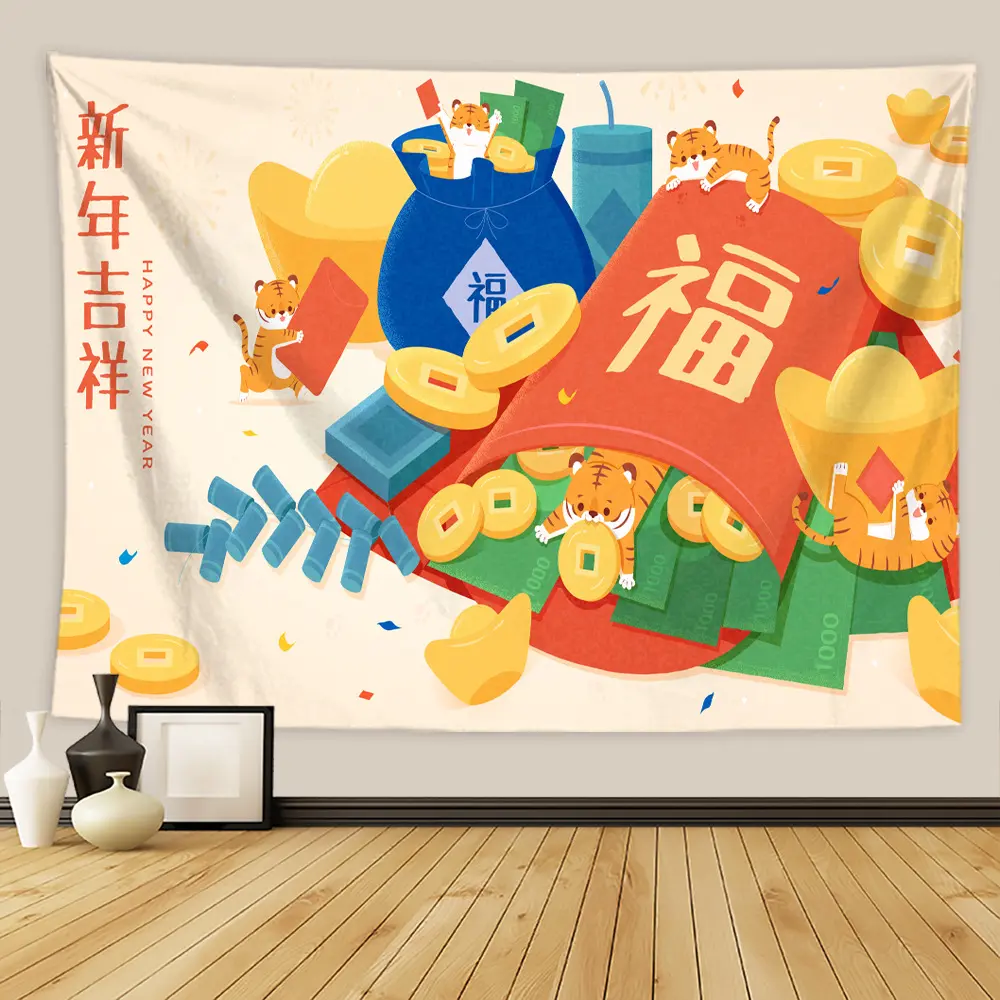 Kain gantung dengan motif kartun Tahun Baru terbaru untuk dekorasi latar, karpet gantung untuk suasana meriah Imlek
