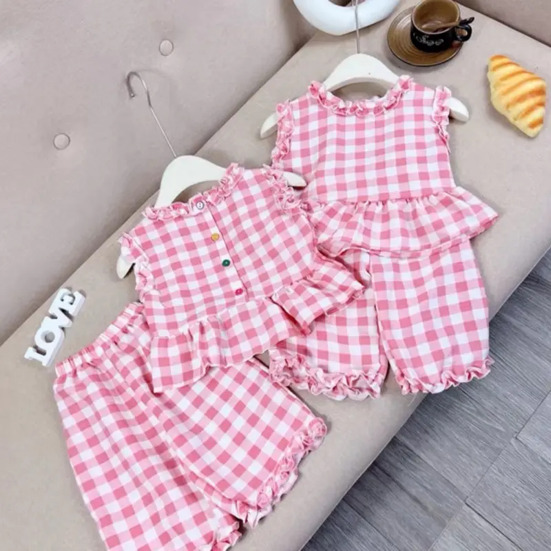 [5-18kg] A496-Set bộ CARO hồng NHIỀU CÚC  cho bé gái mặc  đi học, di chơi sang chảnh, dễ thương [XMGY] 2