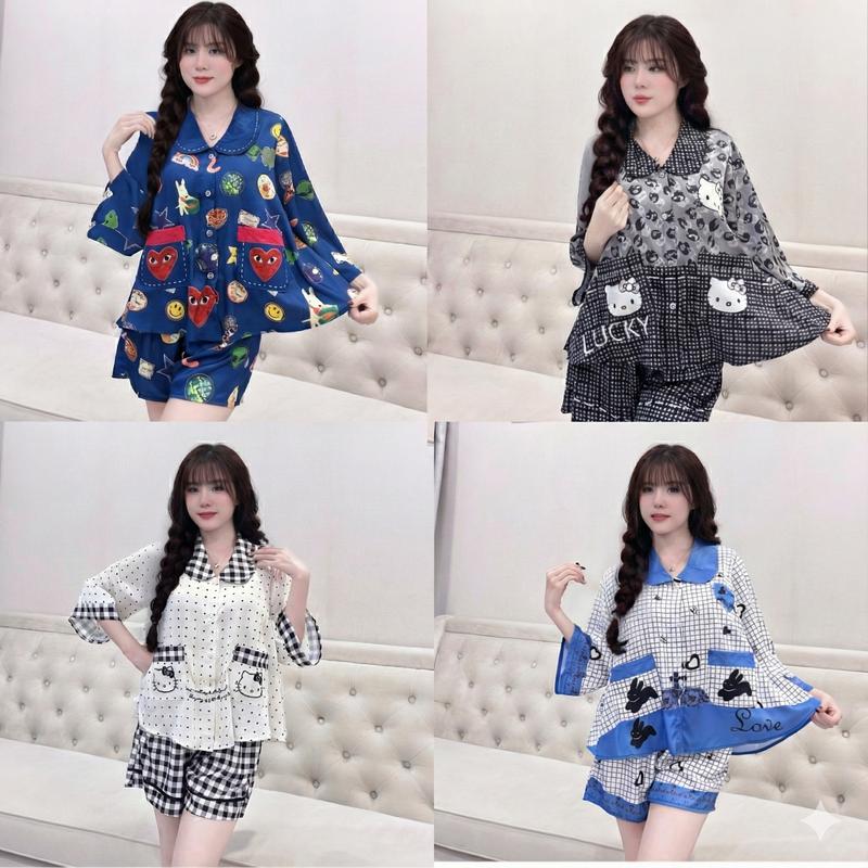  Bộ Đồ Ngủ Nữ Q9 Lụa Latin Mềm Mịn Tay Ngắn Quần Đùi Họa Tiết Sticker Hoạt Hình Cá Tính Ulzzang Kim Thanh 