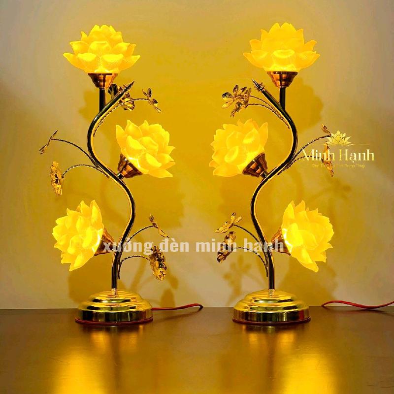 Đèn Thờ 3 Bông Hoa Sen Lưu Ly - Có 3 Kích Thước: Cao 40cm 50cm 60cm | Giá 1 Đôi | Hàng Loại 1 Minh Hạnh | Tặng 2 LED Dự Phòng