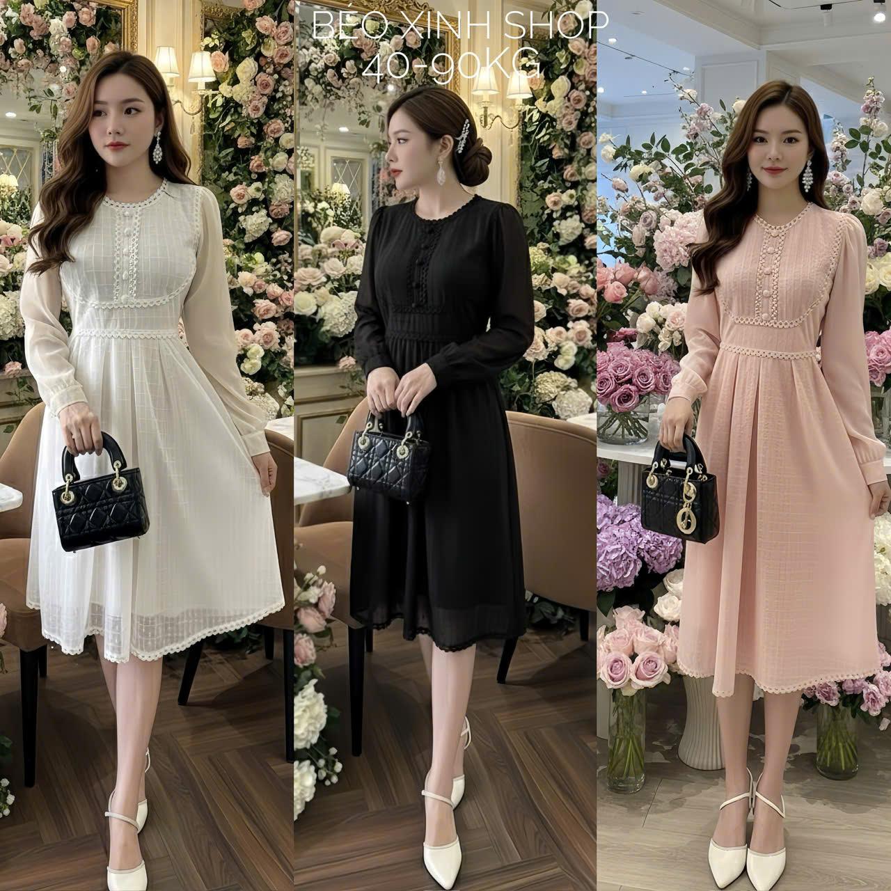 Đầm Dự Tiệc Thiết Kế Tay Dài Phối Ren 2 Lớp Tiểu Thư (Vải Ren 2 Lớp) Cao Cấp Thanh Lịch Sang Trọng Cho Các Nàng Bigsize 40–90kg Thời Trang Nữ Béo Xinh Shop - A.1680