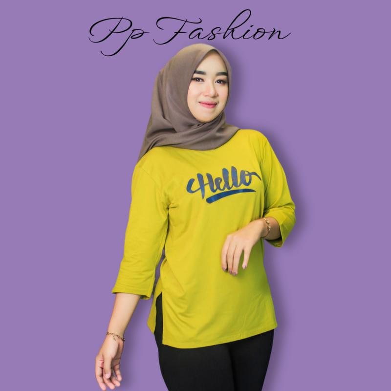 Kaos Oversize Slit Kaos High Slit Katun Spandek Rayon With Sablon Hello  Kerah Bulat Nyaman Panjang Oblong Tangan 7/8 8