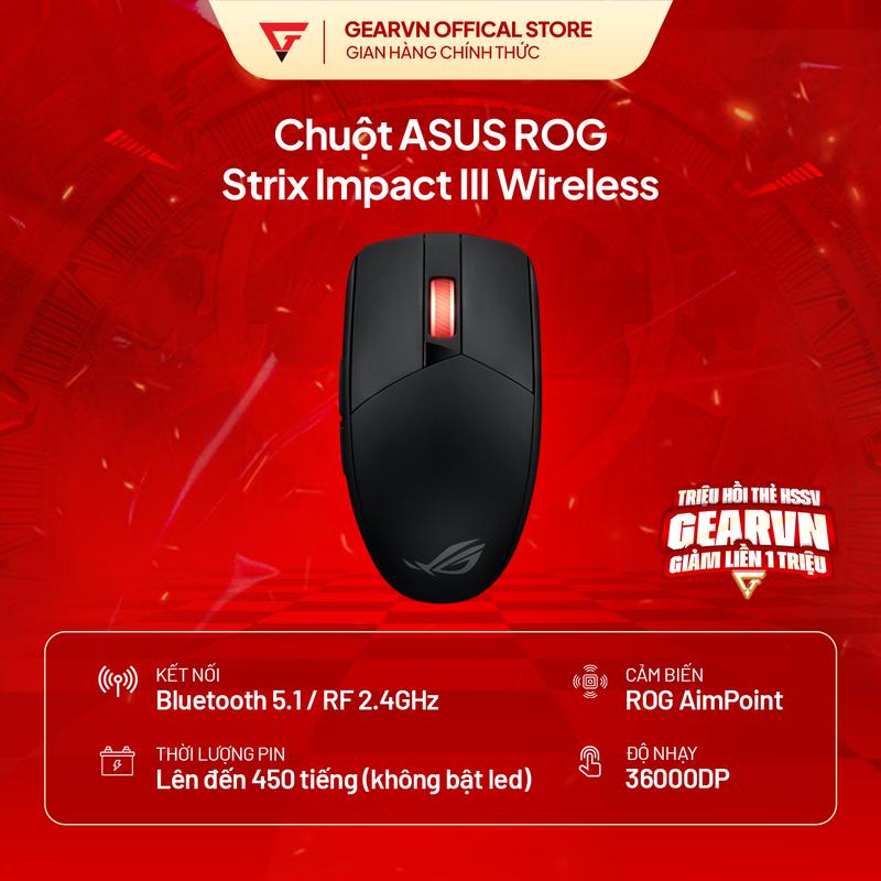 ASUS Chuột Gaming ROG Strix Impact III Wireless Bluetooth 5.1 RF 2.4GHz Pin AA 450 tiếng Cảm Biến ROG AimPoint Độ Nhạy 36000DPI Mechanical Switch