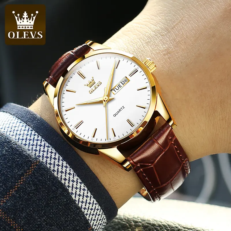 OLEVS Jam Tangan Pria Fashion Tali Kulit Original Anti Air Jam Tangan Cowok Simple Fashion Kuarsa Penunjuk Kalender Bercahaya Tahan Air Analog Men Watch Hitam Putih Biru Cod 2