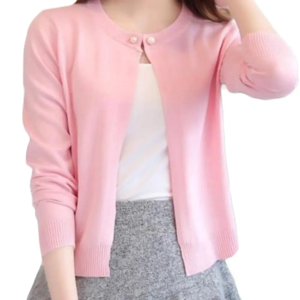 GY- Women Solid Color Faux Pearl Button Short Knitted Cardigan Sweater Slim Shrug