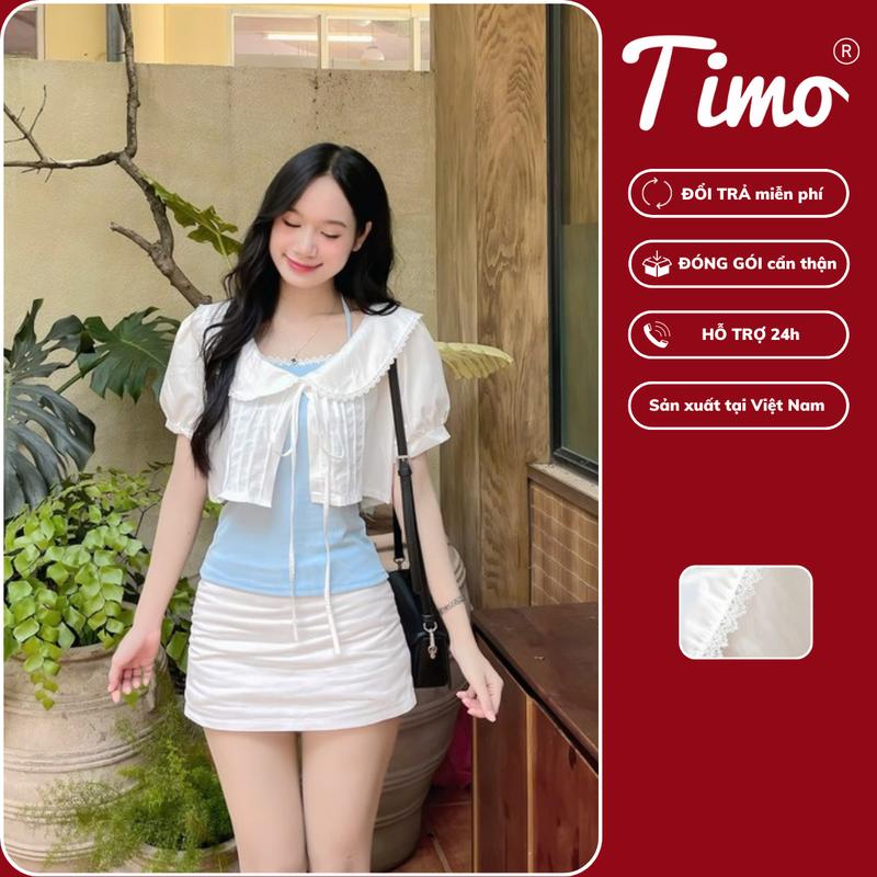 HOT TREND - Set áo croptop sơ mi tay phồng kèm áo yếm phối ren ngực cực xinh - Đi học đi chơi đi làm - AOT052