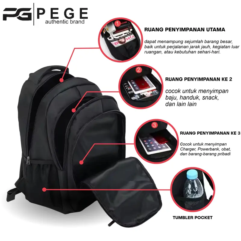 Tas Ransel Laptop Pria PEGE Cavan Tas Punggung Hitam Stripe Merah Gaya Elegan dan Casual - PG 29 7