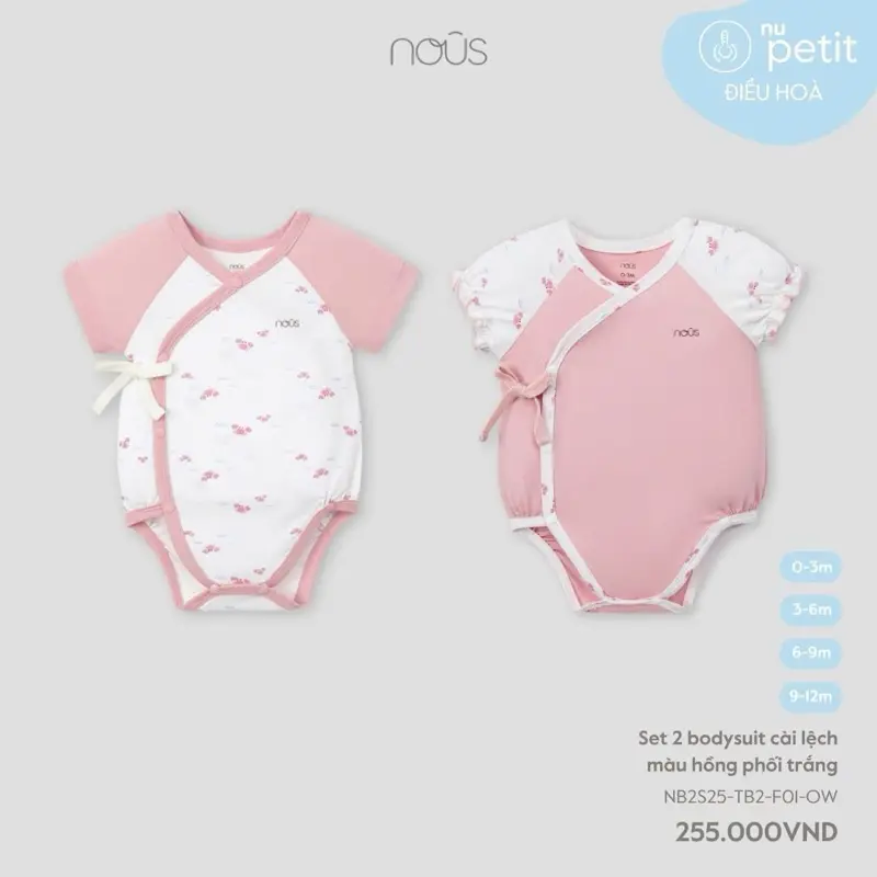 Set 2 bodysuit cài lệch Nous màu hồng phối trắng cho bé sơ sinh đáng yêu. Chất nu peptit mềm mại, mịn màng và thấm hút mồ hôi tốt.