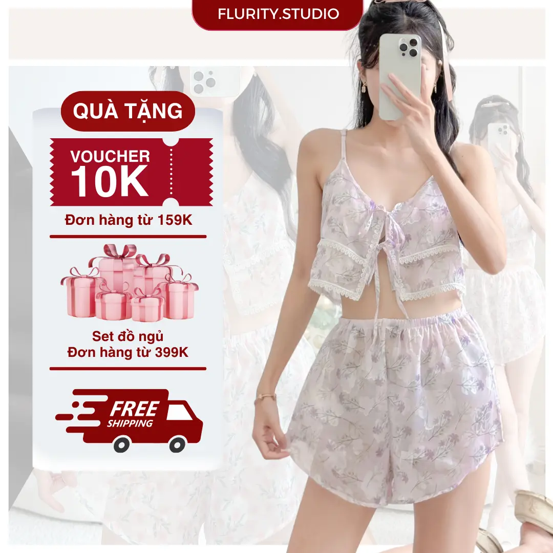 Set Đồ Bộ Ngủ Mặc Nhà Cổ V 2 Dây Thắt Nơ Ở Giữa Quần Cộc Voan Xuyên Thấu Hoa In Nổi Cực Slay FLURITY - DAISY BNSETN189