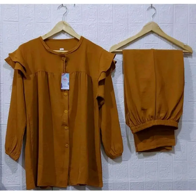 Setelan Cringkel Wanita Dewasa bisa Cod Baju Muslim Panjang Remaja Crinkle  Airflow Kancing 1