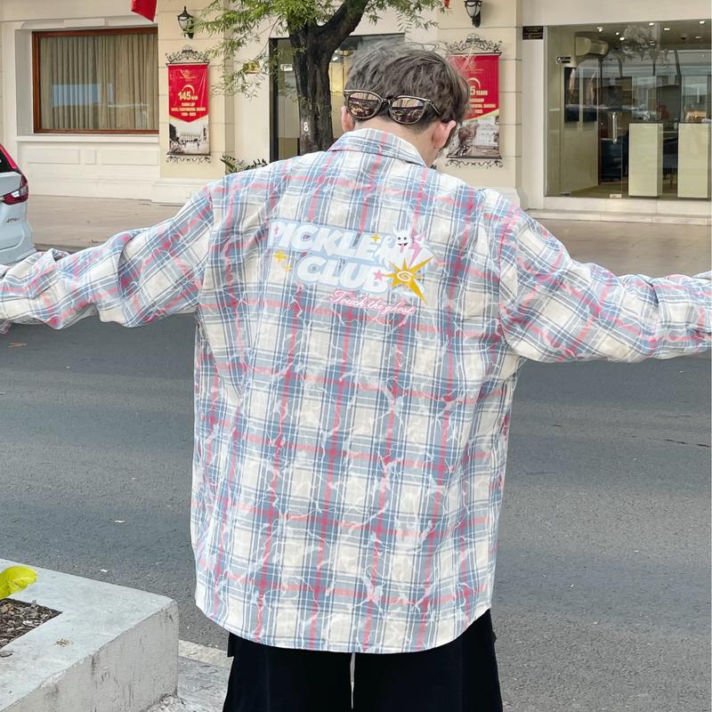 Sơ mi dài tay flannel unisex nam nữ kẻ cotton caro phong cách hype streetwear, in họa tiết tia sét SIXHUMAN HM216