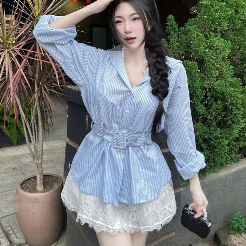 Mèo Mỡ Bigsize — Set bộ 3 món thời trang nữ bigsize đầm sơmi sọc xanh phối yếm ren kèm đai nịt bigsize 60-95kg