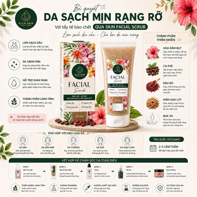 Ủ mặt & Tẩy Tế Bào Chết mặt Facial scrub Q.U.A skin Nâng tone Q.U.E chiết xuất Đậu Đỏ, Cà phê, Hoa Râm Bụt hỗ trợ Thông thoáng lớp sừng, mụn đầu đen, bã nhờn dịu nhẹ 65ml nam & nữ Quê skin