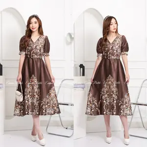 Emma.Butik E00195 Gaun Pesta Wanita Turkish Mewah Dress Midi Kondangan Gereja Elegan Formal Pesta Motif Bunga V neck Cantik Seragam