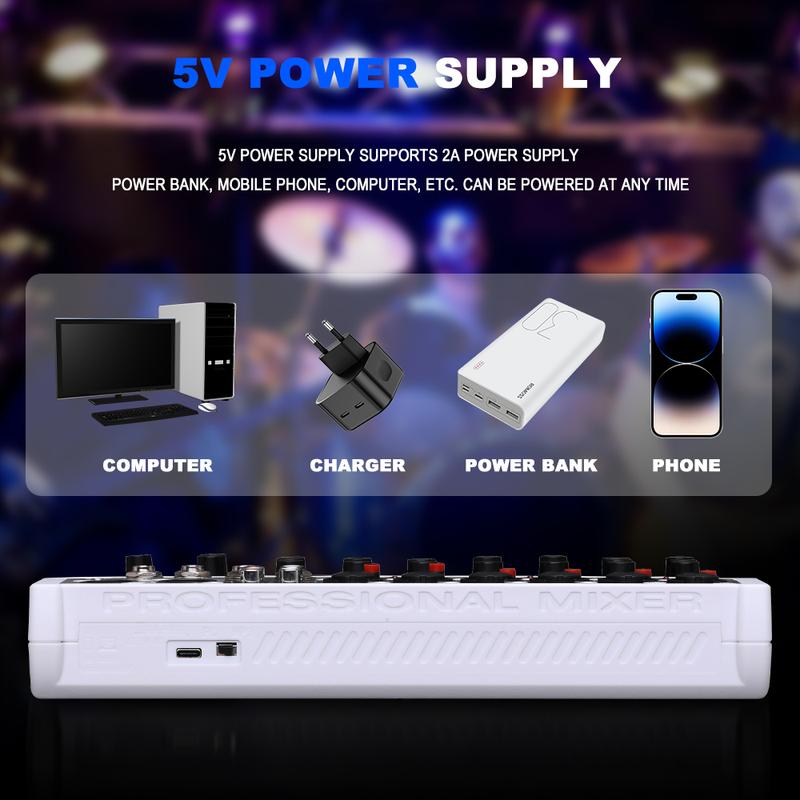 Product Introduction of BOMGE-mini 8 Channel Audio Mixer, Line Mixer, DC 5V, with MP3 Player, Bluetooth, 48V U Disk, 24DSP Effect, USB Recording Suitable for small club or bar, studio recording 15